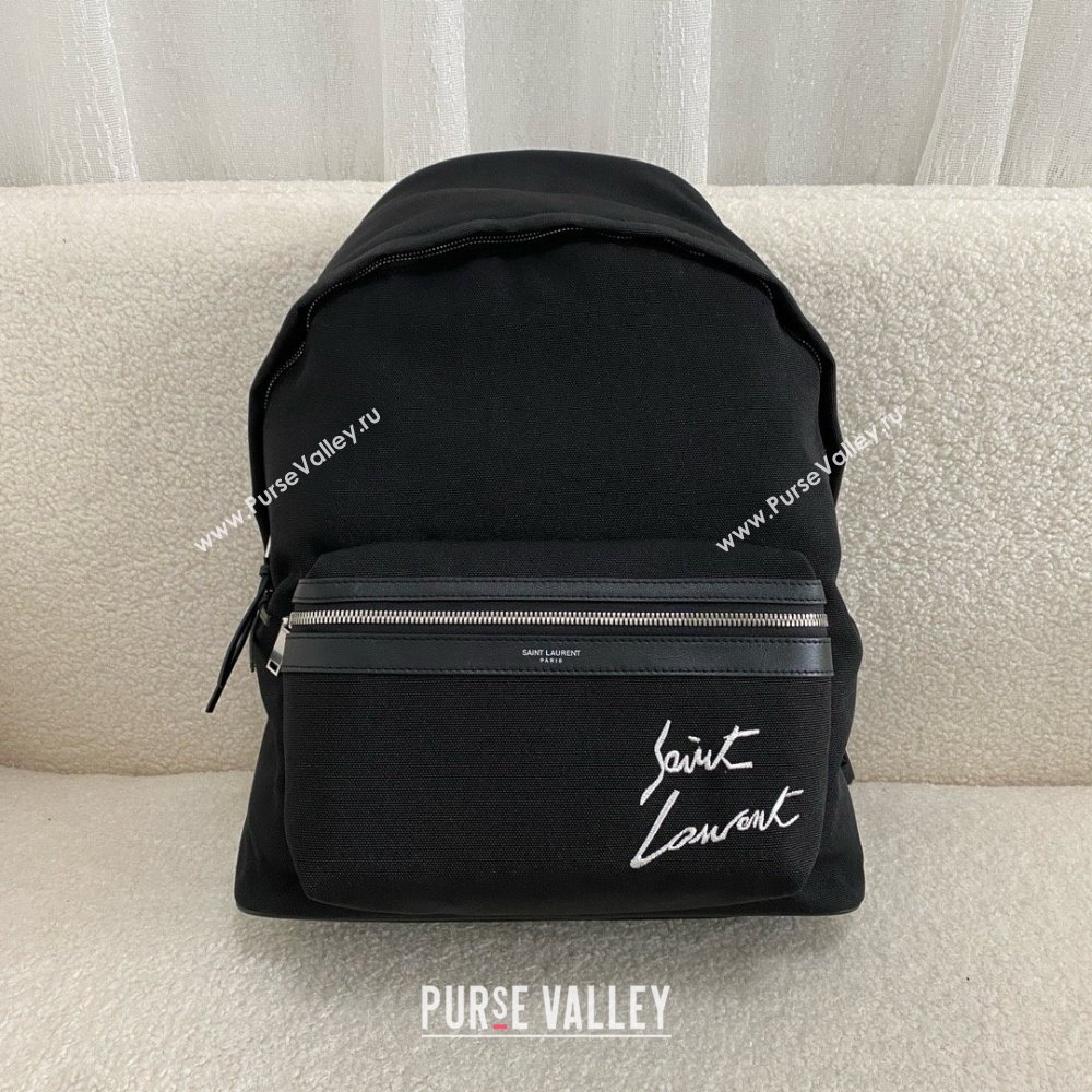 saint laurent embroidered city backpack in canvas black 2024(original quality) (bige-240407-11)