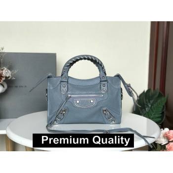 BALENCIAGA SHEEPSKIN CLASSIC METALLIC SILVER EDGE MINI CITY BAG GRAY BLUE (3A025-9031)