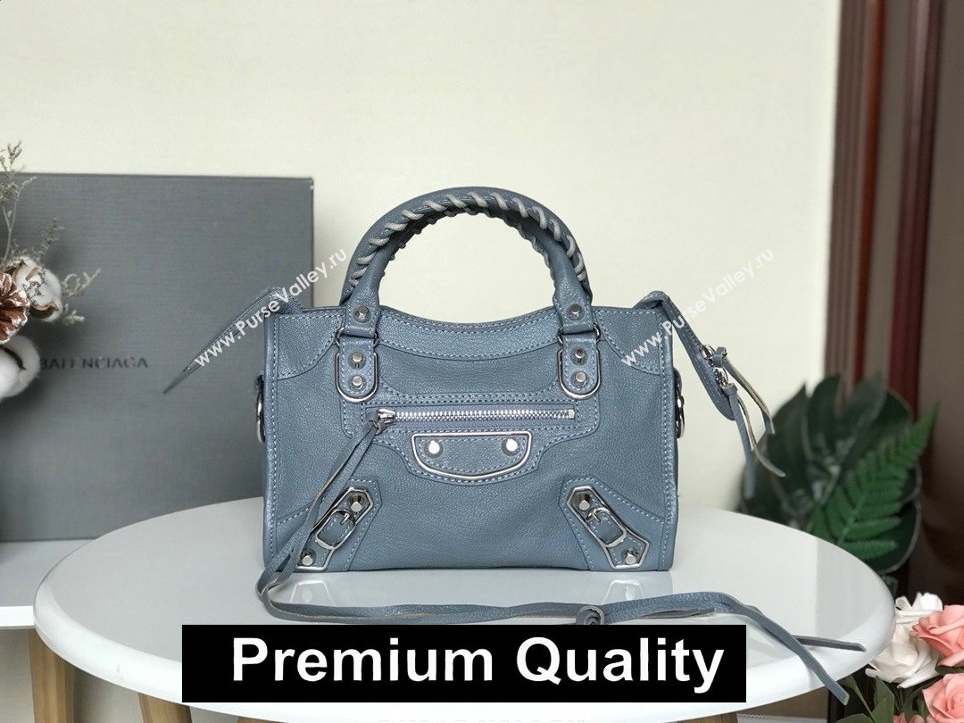 BALENCIAGA SHEEPSKIN CLASSIC METALLIC SILVER EDGE MINI CITY BAG GRAY BLUE (3A025-9031)