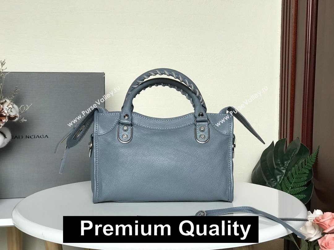 BALENCIAGA SHEEPSKIN CLASSIC METALLIC SILVER EDGE MINI CITY BAG GRAY BLUE (3A025-9031)