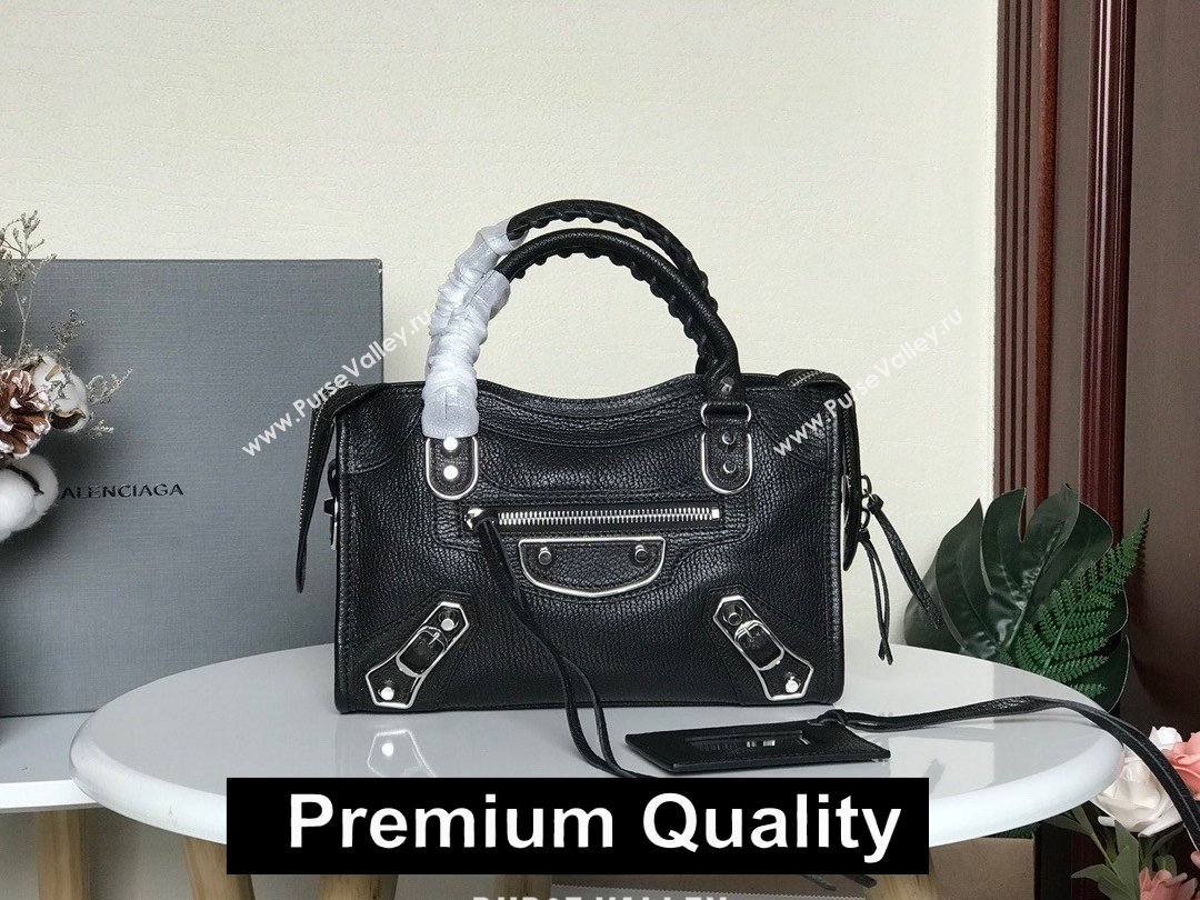 BALENCIAGA SHEEPSKIN CLASSIC METALLIC SILVER EDGE MINI CITY BAG BLACK (3A025-8031)