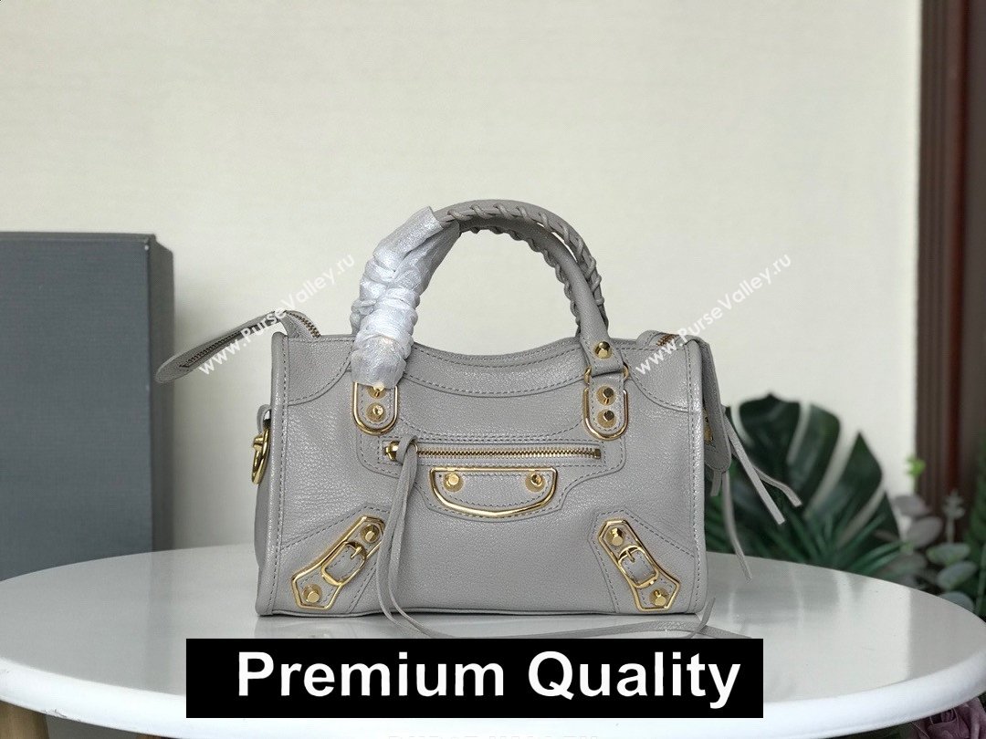 BALENCIAGA SHEEPSKIN CLASSIC METALLIC GOLD EDGE MINI CITY BAG  Elephant Grey (3A025-8061)