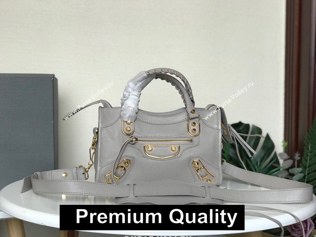 BALENCIAGA SHEEPSKIN CLASSIC METALLIC GOLD EDGE MINI CITY BAG  Elephant Grey (3A025-8061)