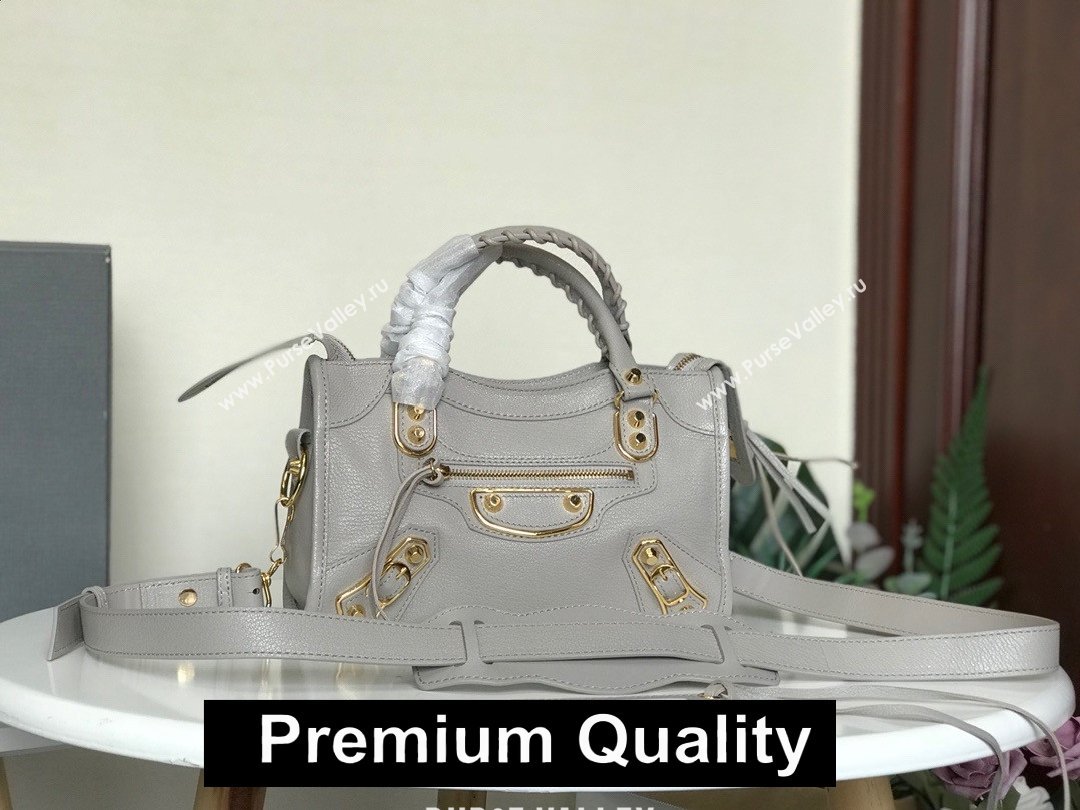 BALENCIAGA SHEEPSKIN CLASSIC METALLIC GOLD EDGE MINI CITY BAG  Elephant Grey (3A025-8061)