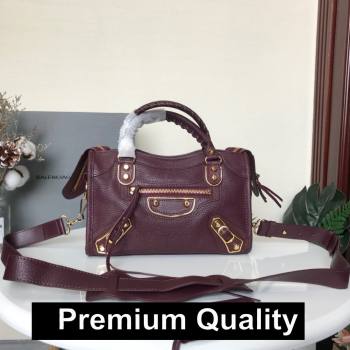 BALENCIAGA SHEEPSKIN CLASSIC METALLIC GOLD EDGE MINI CITY BAG BURGUNDY (3A025-9521)