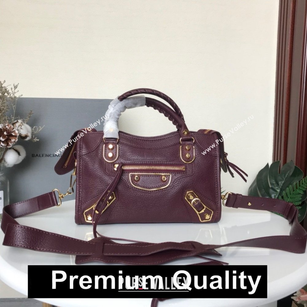 BALENCIAGA SHEEPSKIN CLASSIC METALLIC GOLD EDGE MINI CITY BAG BURGUNDY (3A025-9521)