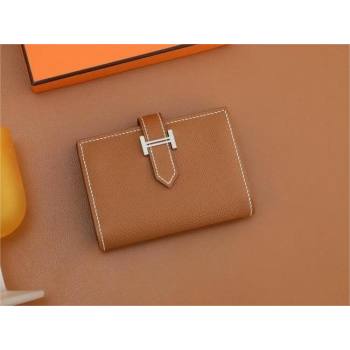 Hermes bearn mini wallet in epsom leather golden brown with silver hardware handmade(original quality) (ayan-240105-21)