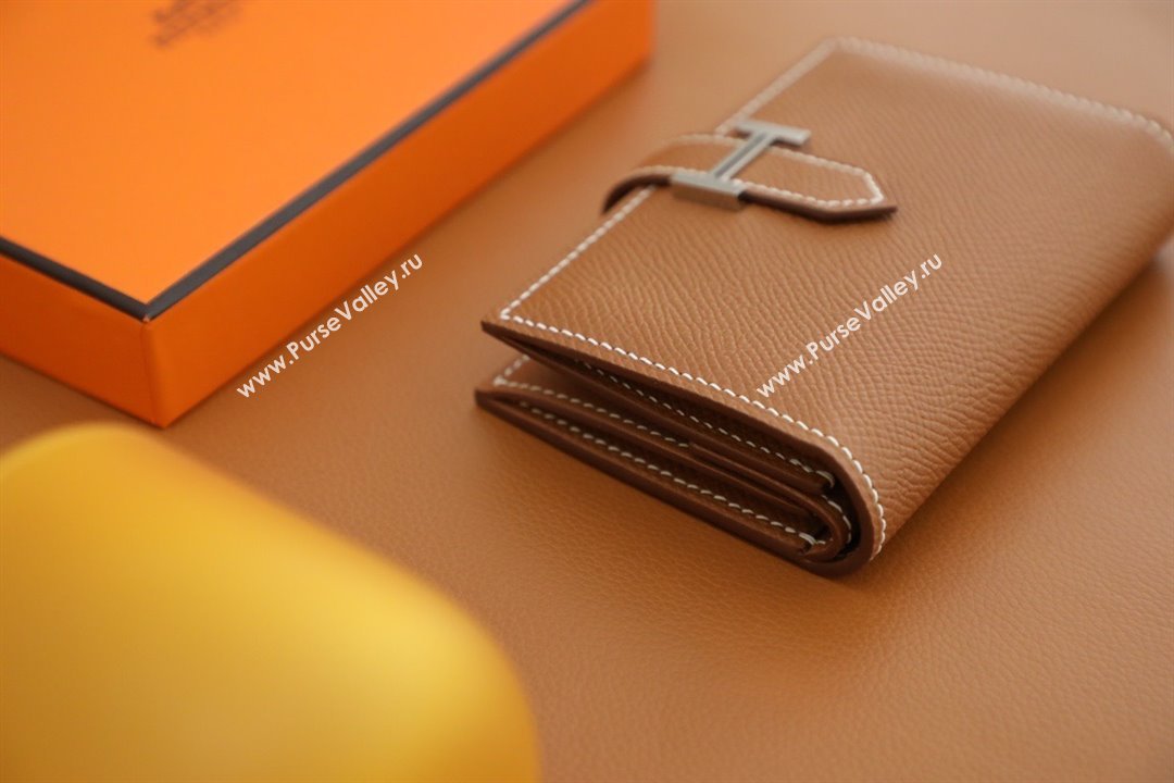 Hermes bearn mini wallet in epsom leather golden brown with silver hardware handmade(original quality) (ayan-240105-21)