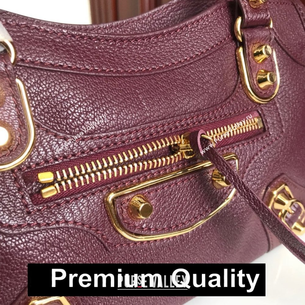 BALENCIAGA SHEEPSKIN CLASSIC METALLIC GOLD EDGE MINI CITY BAG BURGUNDY (3A025-9521)