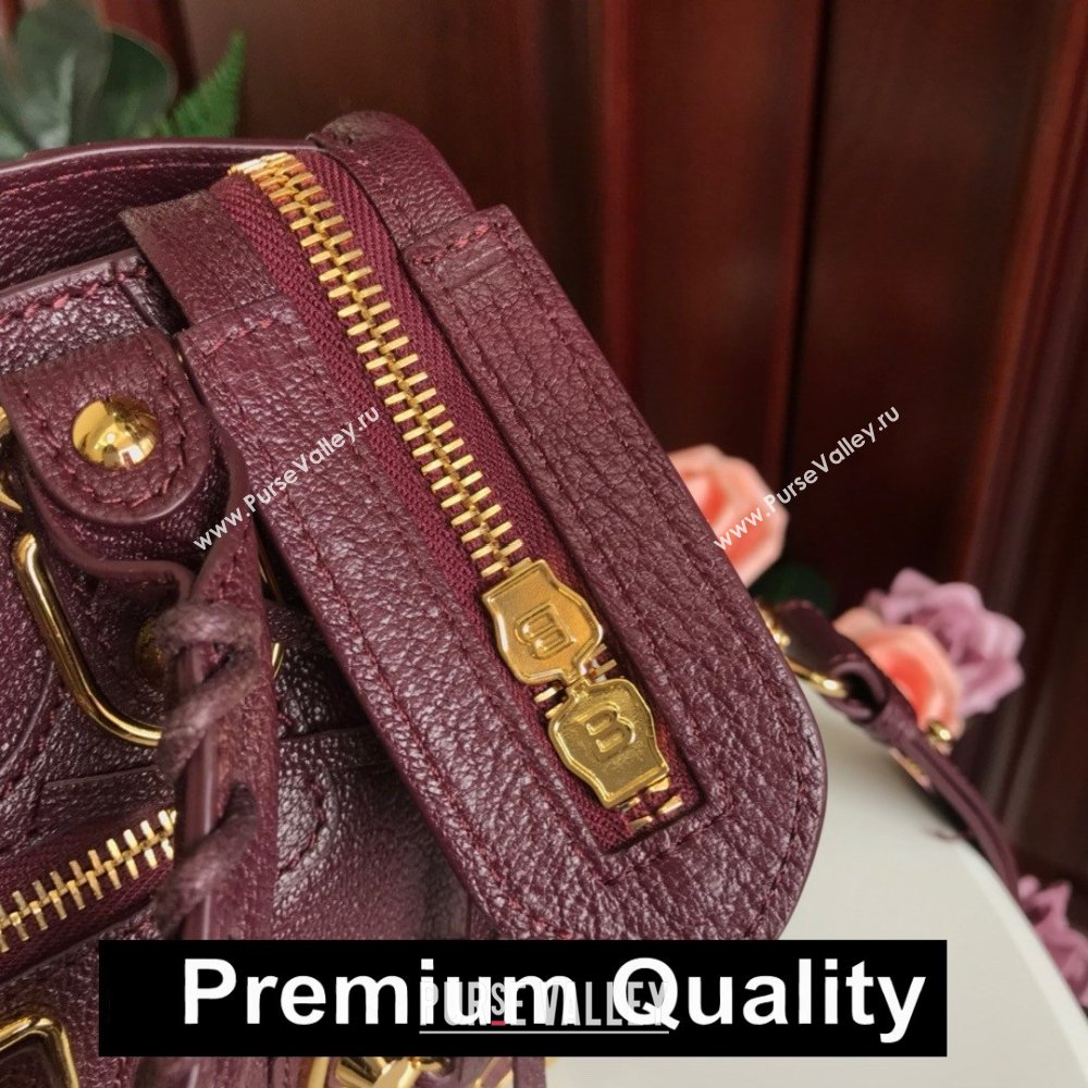 BALENCIAGA SHEEPSKIN CLASSIC METALLIC GOLD EDGE MINI CITY BAG BURGUNDY (3A025-9521)