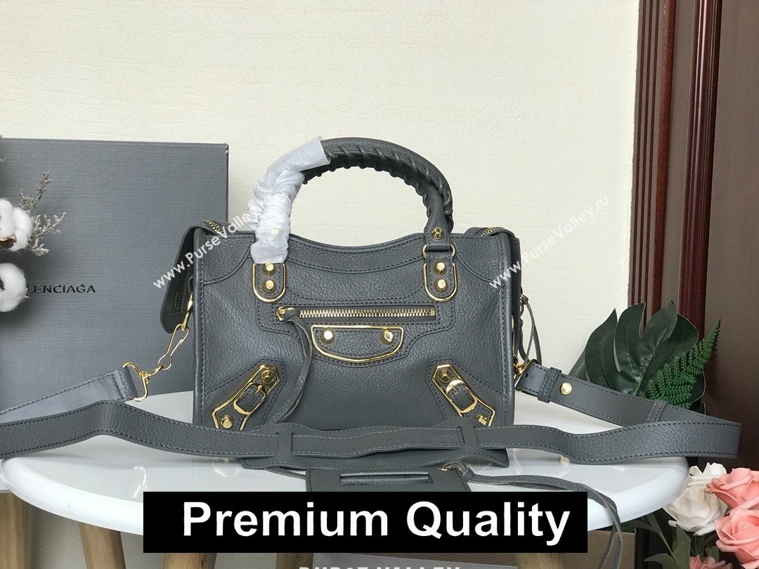 BALENCIAGA SHEEPSKIN CLASSIC METALLIC GOLD EDGE MINI CITY BAG IRON GRAY (3A025-7031)