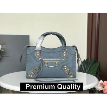 BALENCIAGA SHEEPSKIN CLASSIC METALLIC GOLD EDGE MINI CITY BAG GRAY BLUE (3A025-2531)