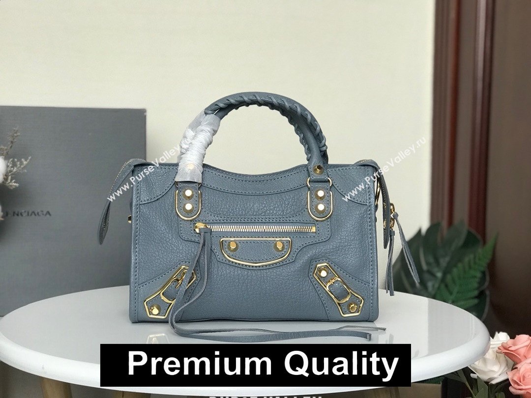 BALENCIAGA SHEEPSKIN CLASSIC METALLIC GOLD EDGE MINI CITY BAG GRAY BLUE (3A025-2531)