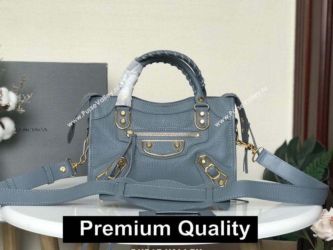 BALENCIAGA SHEEPSKIN CLASSIC METALLIC GOLD EDGE MINI CITY BAG GRAY BLUE (3A025-2531)