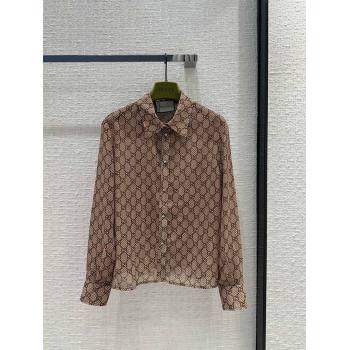 gucci GG damier print silk shirt 2024 (qiqi-240409-02)