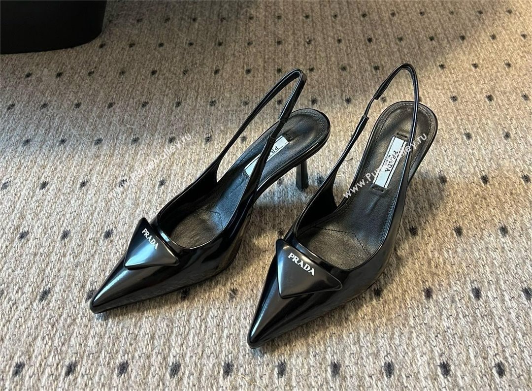 Prada Heel 7.5cm brushed leather Slingback Pumps black 2024 (kaola-240305-03)