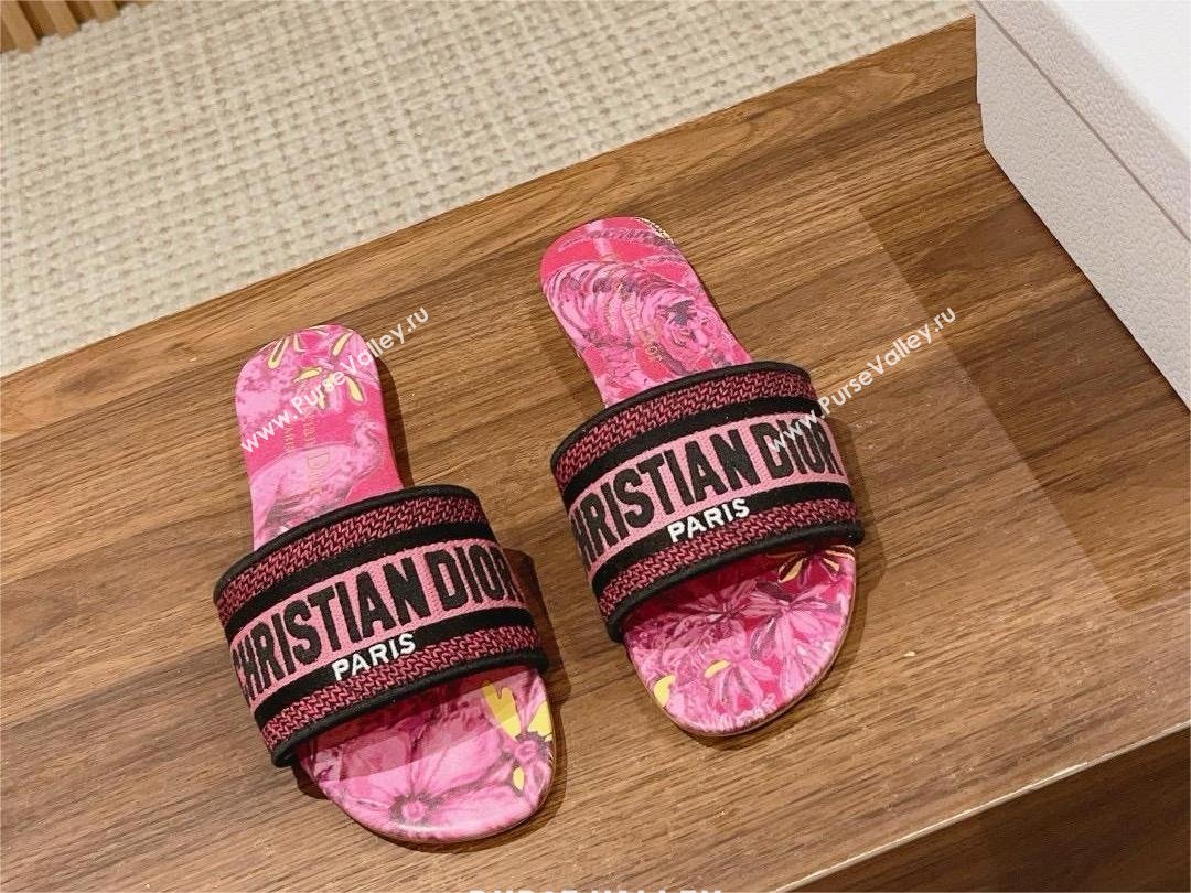 Dior Rani Pink Multicolor Embroidered Cotton with Toile de Jouy Voyage Motif Dway Flat Slide 2024 (kaola-240305-05)