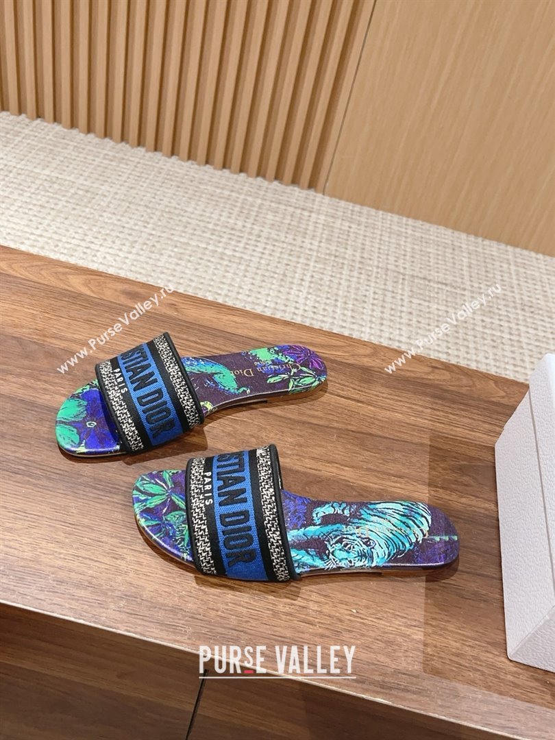 Dior Cobalt Blue Multicolor Embroidered Cotton with Toile de Jouy Voyage Motif Dway Flat Slide 2024 (kaola-240305-04)