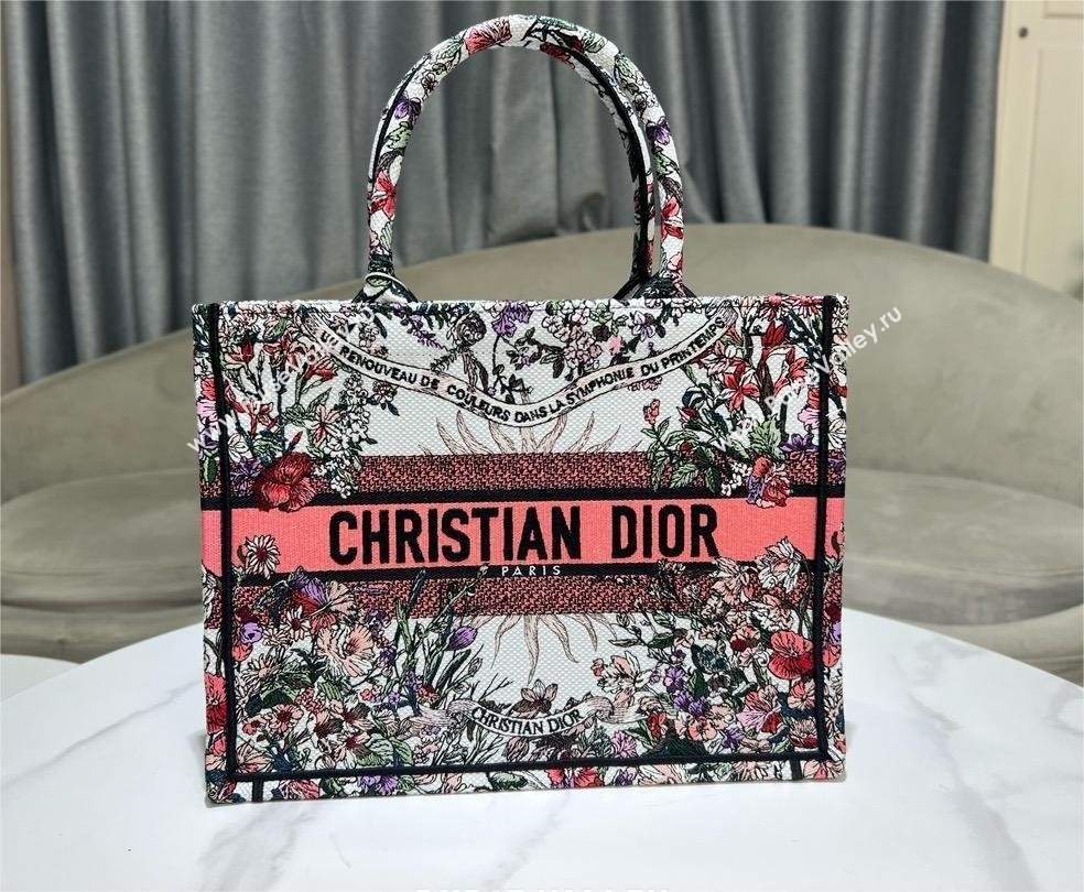 Dior Medium Book Tote Bag in Ecru Multicolor Dior 4 Saisons Printemps Soleil Embroidery 2024 (XXG-240411-01)