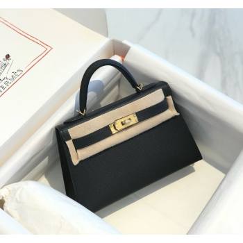 Hermes Mini Kelly II Handbag epsom leather with GOLD Hardware half handmade black (FULI-240412-01)