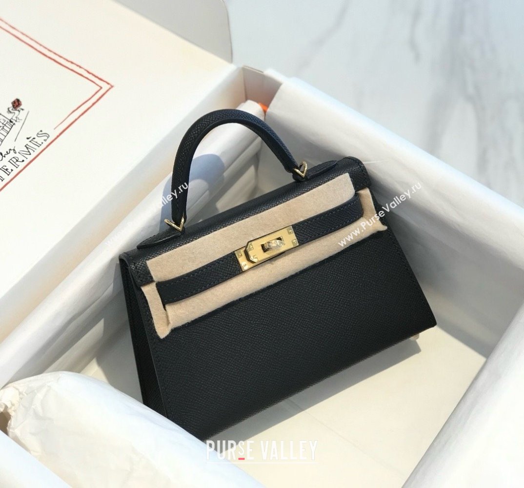 Hermes Mini Kelly II Handbag epsom leather with GOLD Hardware half handmade black (FULI-240412-01)