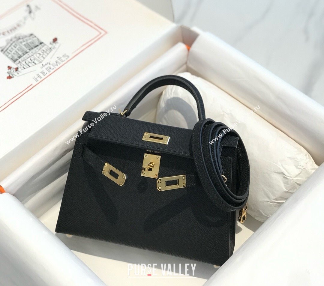 Hermes Mini Kelly II Handbag epsom leather with GOLD Hardware half handmade black (FULI-240412-01)