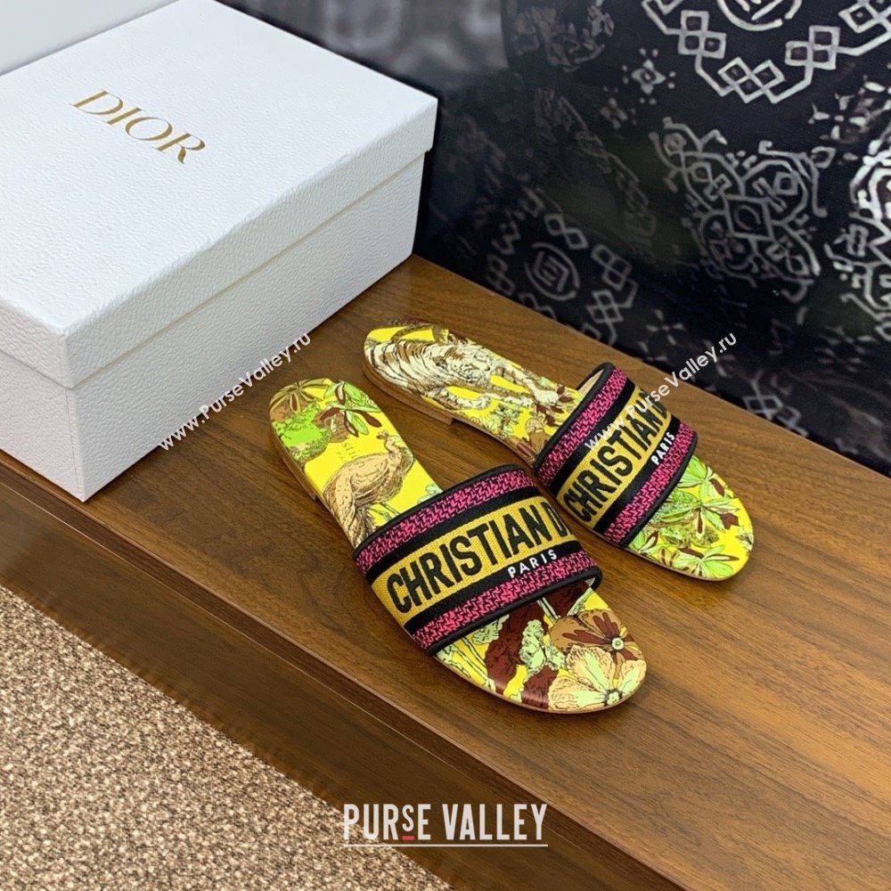 Dior Lime Yellow Multicolor Embroidered Cotton with Toile de Jouy Voyage Motif Dway Flat Slide 2024 (kaola-240306-08)