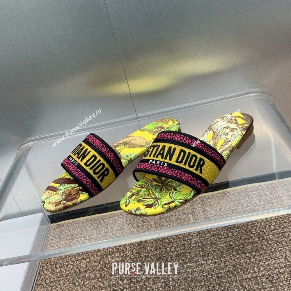 Dior Lime Yellow Multicolor Embroidered Cotton with Toile de Jouy Voyage Motif Dway Flat Slide 2024 (kaola-240306-08)