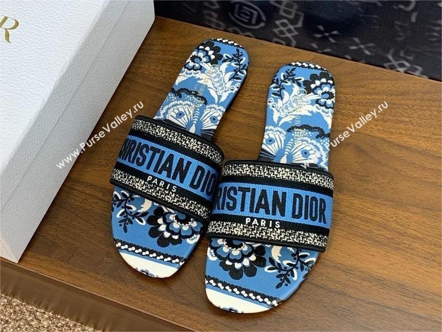 Dior Denim Blue Multicolor Embroidered Cotton with Butterfly Bandana Motif Dway Flat Slide 2024 (kaola-240306-09)