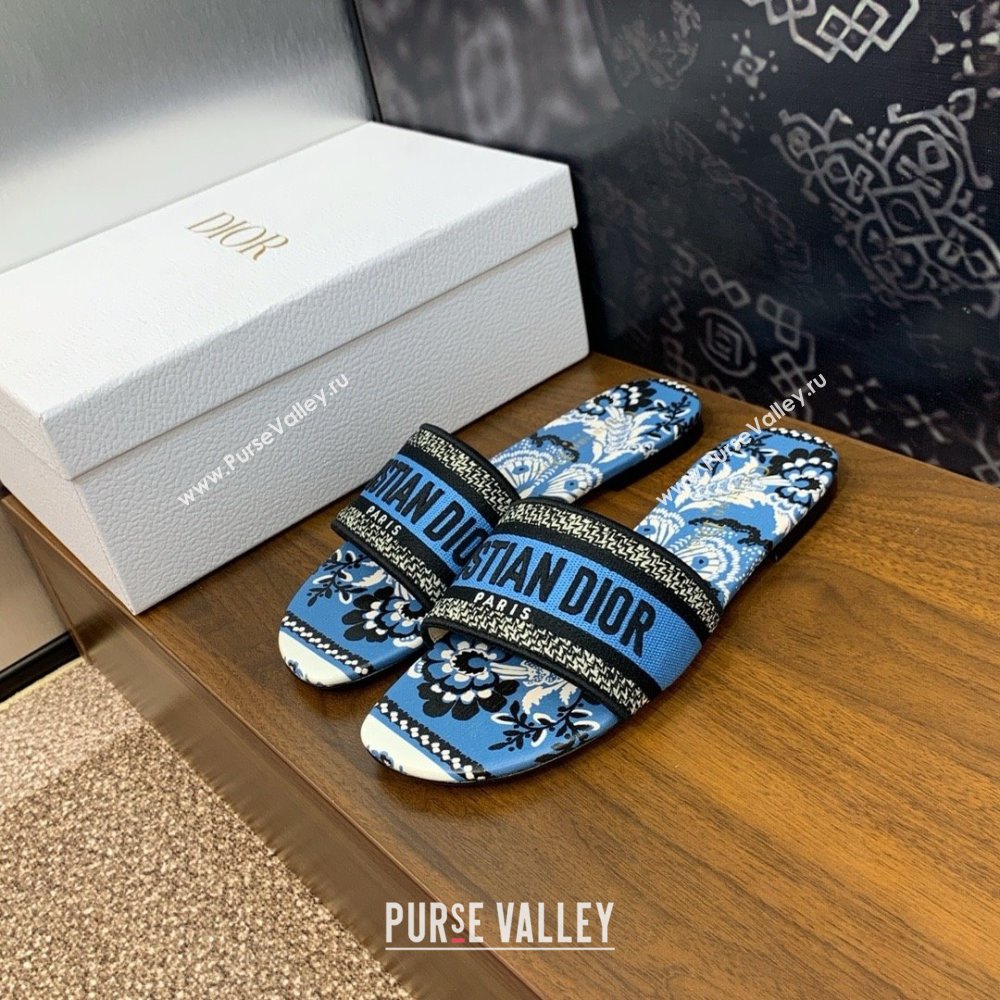 Dior Denim Blue Multicolor Embroidered Cotton with Butterfly Bandana Motif Dway Flat Slide 2024 (kaola-240306-09)