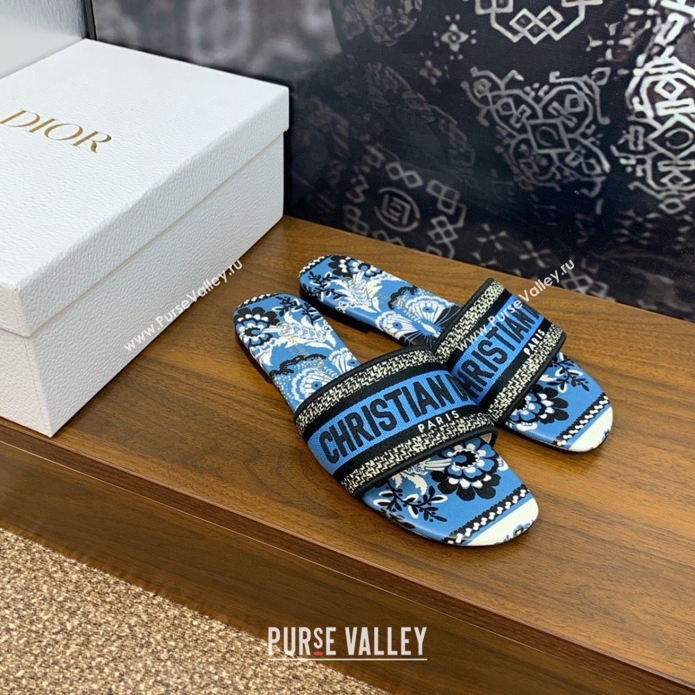 Dior Denim Blue Multicolor Embroidered Cotton with Butterfly Bandana Motif Dway Flat Slide 2024 (kaola-240306-09)