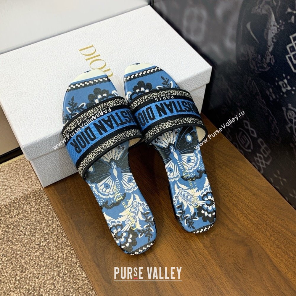 Dior Denim Blue Multicolor Embroidered Cotton with Butterfly Bandana Motif Dway Flat Slide 2024 (kaola-240306-09)