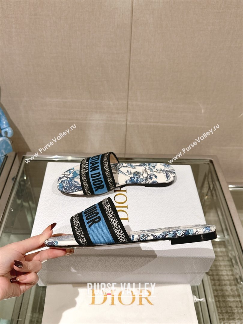 Dior Pastel Midnight Blue Multicolor Embroidered Cotton with Toile de Jouy Mexico Motif Dway Flat Slide 2024 (MODENG-240306-01)