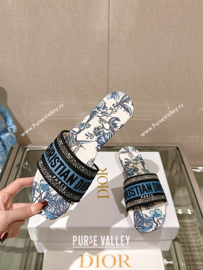 Dior Pastel Midnight Blue Multicolor Embroidered Cotton with Toile de Jouy Mexico Motif Dway Flat Slide 2024 (MODENG-240306-01)