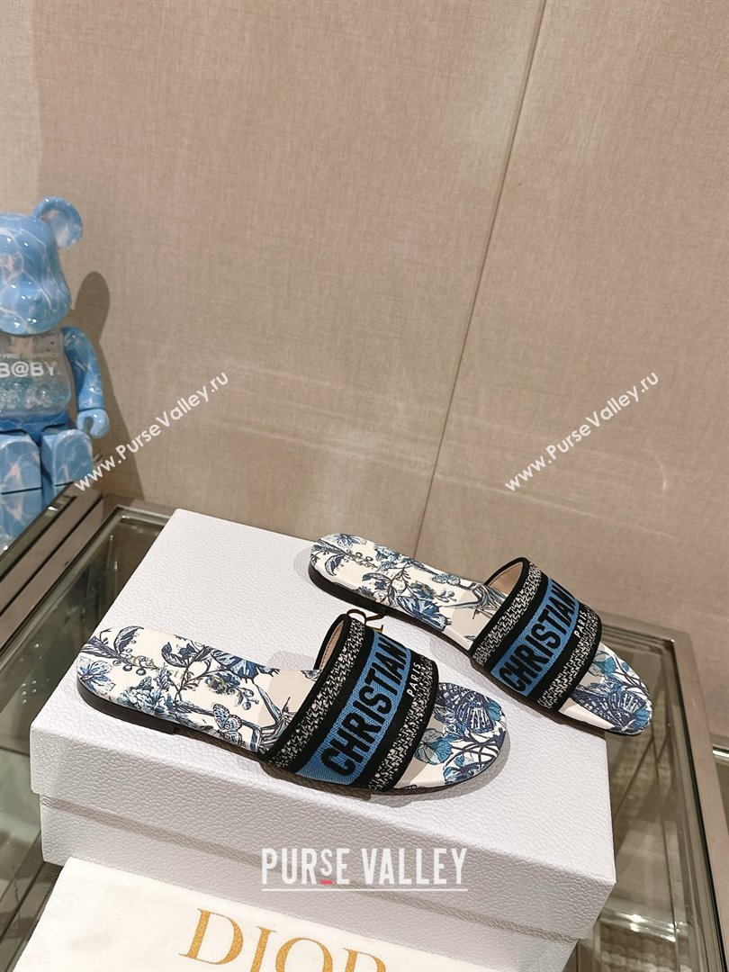 Dior Pastel Midnight Blue Multicolor Embroidered Cotton with Toile de Jouy Mexico Motif Dway Flat Slide 2024 (MODENG-240306-01)