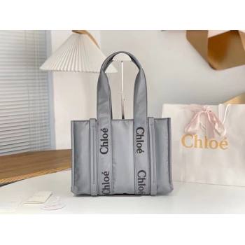 chloe medium Woody tote bag in Recycled nylon with Chloé logo gray 2024 (nana-240307-05)