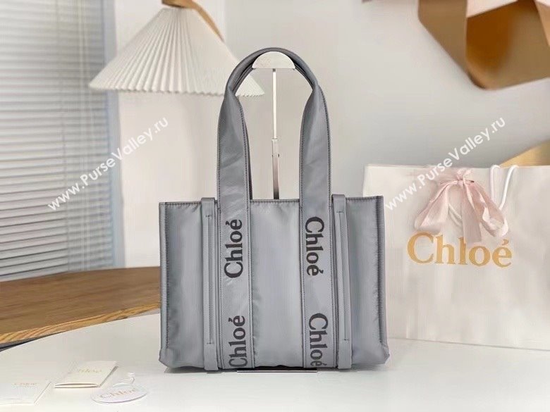 chloe medium Woody tote bag in Recycled nylon with Chloé logo gray 2024 (nana-240307-05)