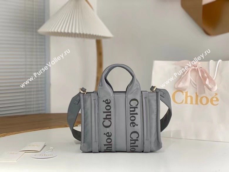 chloe small Woody tote bag in Recycled nylon with Chloé logo gray 2024 (nana-240307-02)