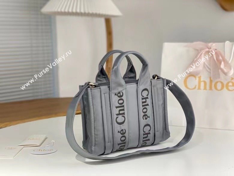 chloe small Woody tote bag in Recycled nylon with Chloé logo gray 2024 (nana-240307-02)