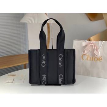 chloe medium Woody tote bag in Recycled nylon with Chloé logo black 2024 (nana-240307-06)