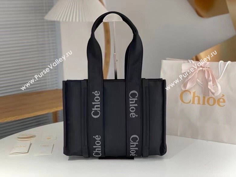 chloe medium Woody tote bag in Recycled nylon with Chloé logo black 2024 (nana-240307-06)