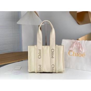 chloe medium Woody tote bag in Recycled nylon with Chloé logo white 2024 (nana-240307-04)