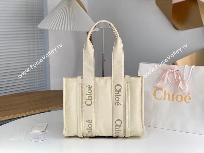 chloe medium Woody tote bag in Recycled nylon with Chloé logo white 2024 (nana-240307-04)