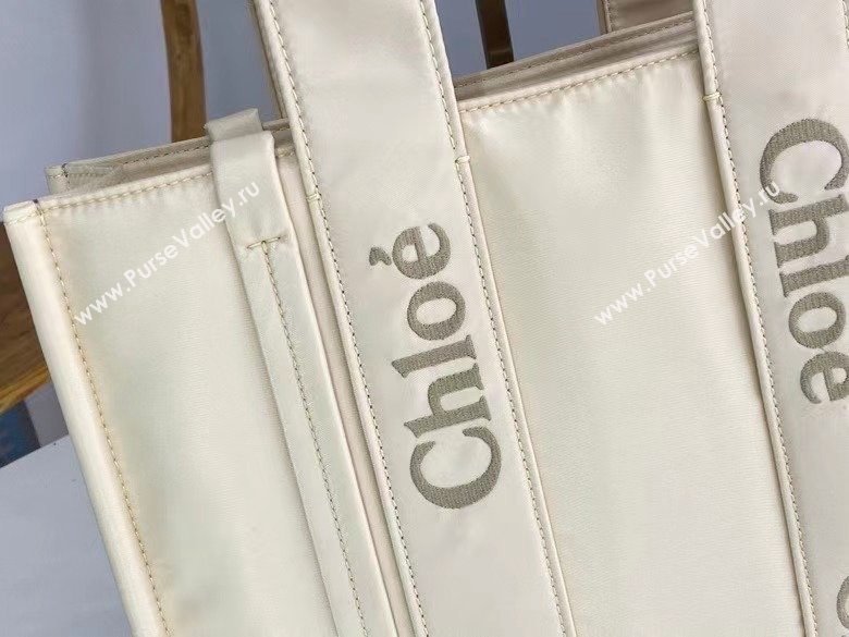 chloe medium Woody tote bag in Recycled nylon with Chloé logo white 2024 (nana-240307-04)