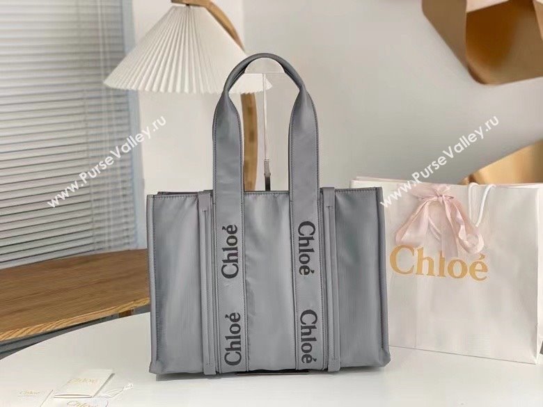 chloe large Woody tote bag in Recycled nylon with Chloé logo gray 2024 (nana-240307-09)