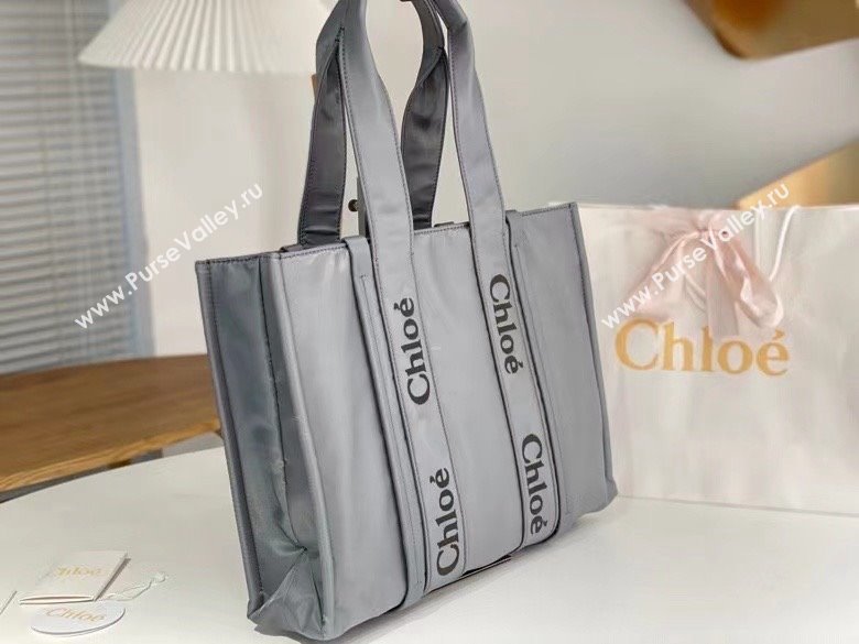 chloe large Woody tote bag in Recycled nylon with Chloé logo gray 2024 (nana-240307-09)