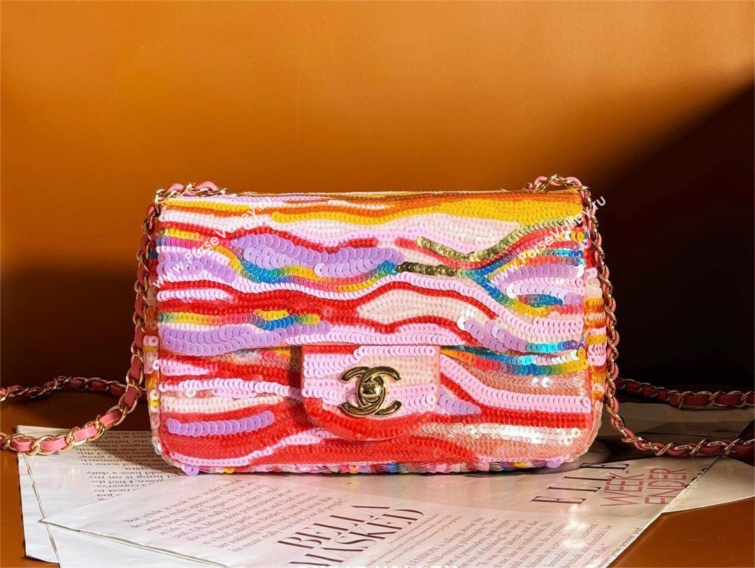 chanel Embroidered Satin, Sequins & Gold-Tone Metal Yellow, Purple & Pink Mini Flap Bag 2024 (jiyuan-240312-02)