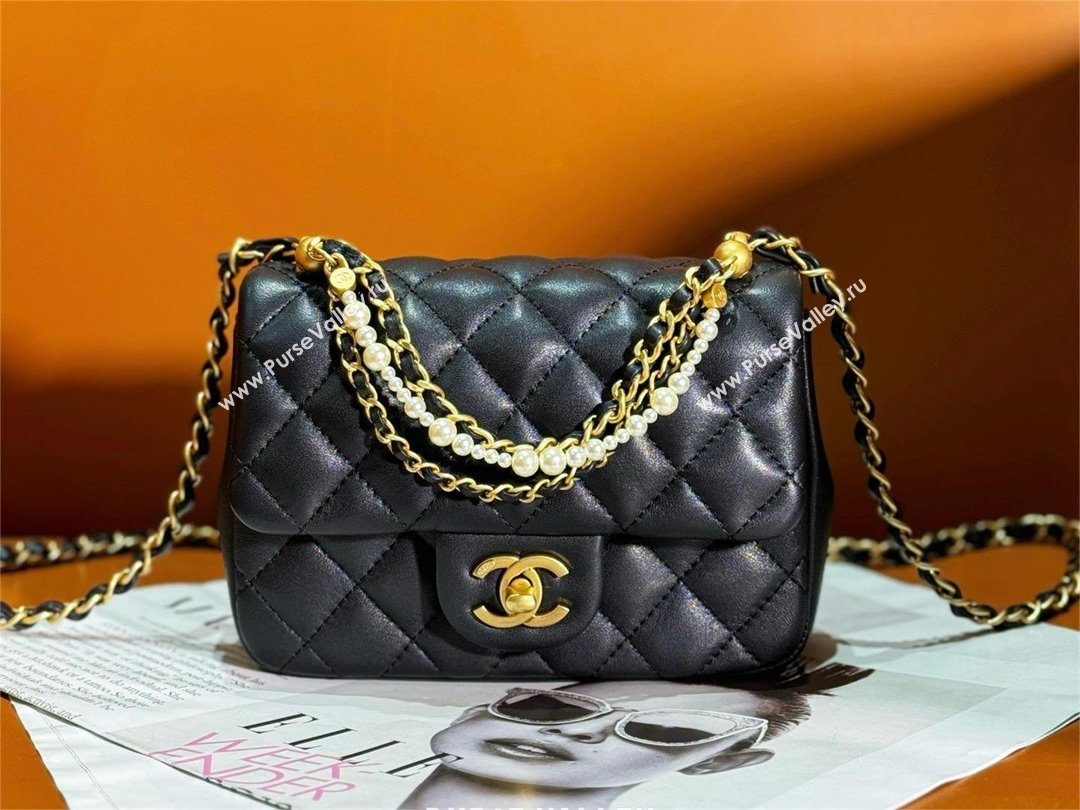 chanel Shiny Lambskin, Imitation Pearls & Gold-Tone Metal Mini Flap Bag Black AS4385 2024 (jiyuan-240312-01)