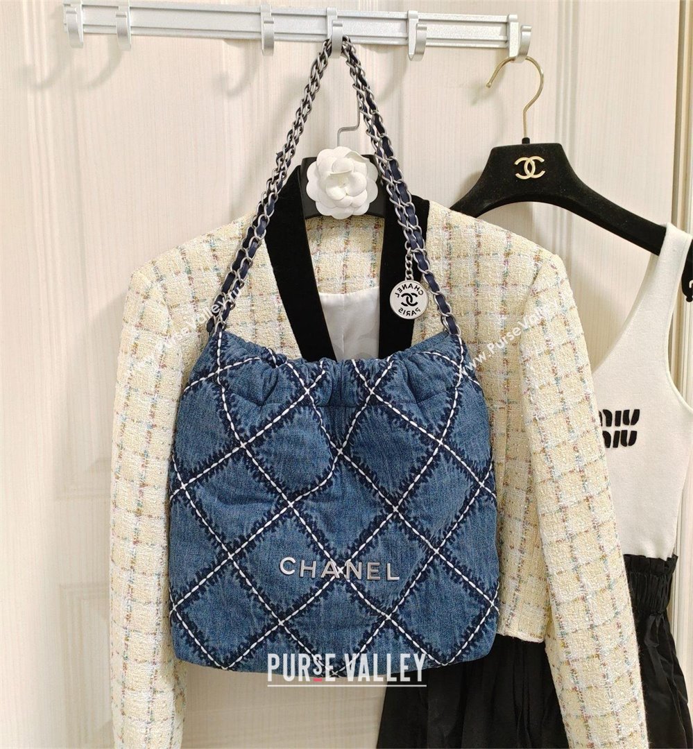 Chanel Stitched Denim & Silver-Tone Metal Blue 22 Small Handbag AS3260 2024 (jiyuan-240312-04)