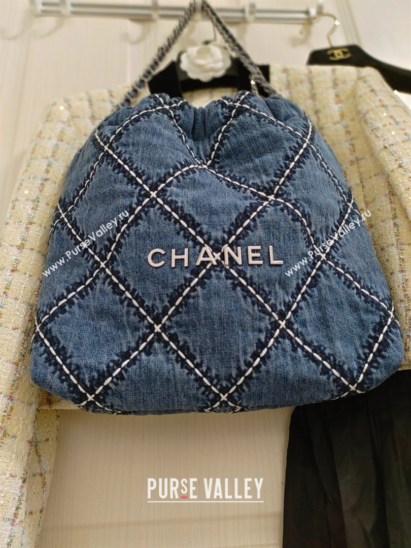 Chanel Stitched Denim & Silver-Tone Metal Blue 22 Small Handbag AS3260 2024 (jiyuan-240312-04)